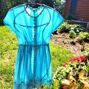 Vintage Handmade Bright Sea Blue with Floral Lace Trim Sz S Dress